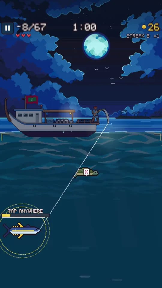 Reeling in a big fish under a full moon